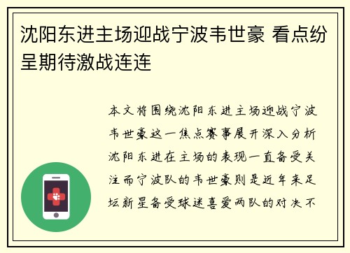 沈阳东进主场迎战宁波韦世豪 看点纷呈期待激战连连