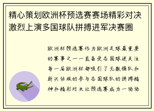 精心策划欧洲杯预选赛赛场精彩对决激烈上演多国球队拼搏进军决赛圈