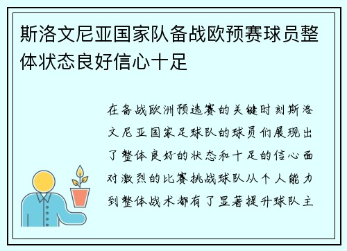 斯洛文尼亚国家队备战欧预赛球员整体状态良好信心十足