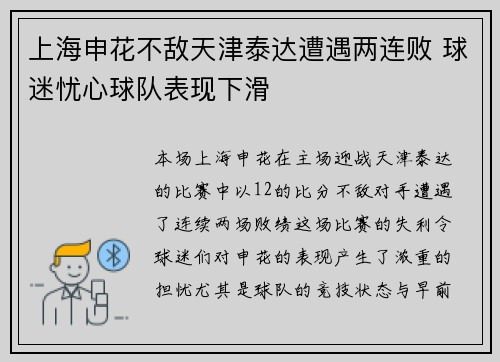上海申花不敌天津泰达遭遇两连败 球迷忧心球队表现下滑