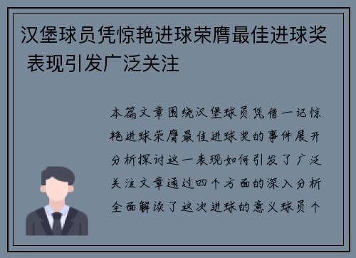 汉堡球员凭惊艳进球荣膺最佳进球奖 表现引发广泛关注