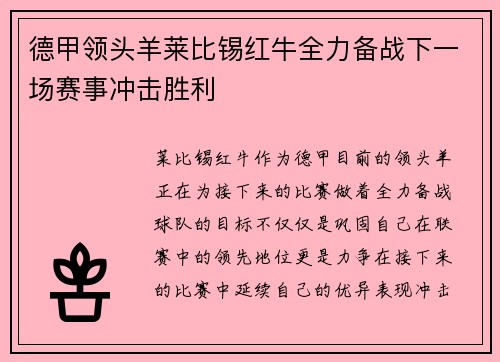 德甲领头羊莱比锡红牛全力备战下一场赛事冲击胜利