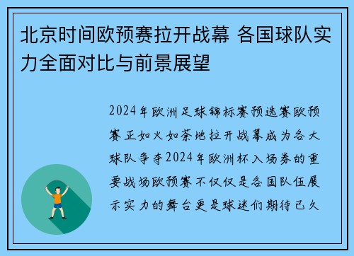 北京时间欧预赛拉开战幕 各国球队实力全面对比与前景展望