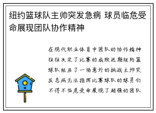 纽约篮球队主帅突发急病 球员临危受命展现团队协作精神